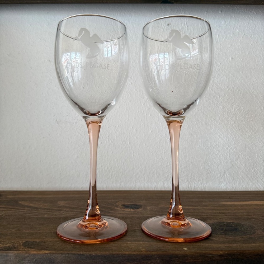 Clos Pegase Luminarc‎ France Etched Wine Glass Pink Stem Pegasus Logo